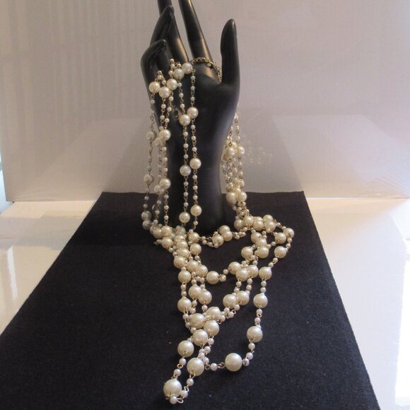 Jewelry - 6 Strands, Champagne Pearl Necklace, Gold, 20" Long, Luxury, Faux,